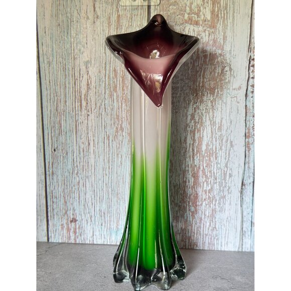 Jack-In-The-Pulpit Hand-Blown Art Glass Vase Green & White Ombre w/Purple Rim 12 - Picture 7 of 12